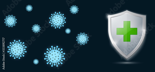 Сorona virus concept with protective antivirus shield to coronavirus, 2019-nCoV, COVID-19  infection. Medical health protection shield with cross. Healthcare medicine protected steel guard security