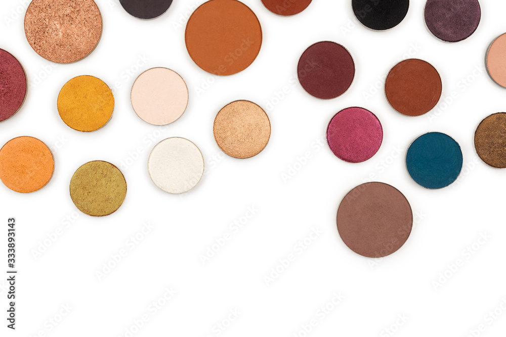 Round multicolored make up eyeshadows isolated on white. Round multicolored make up eyeshadows isolated on white.