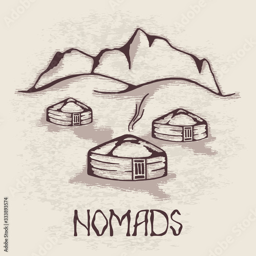 Sketch on the topic of life in Central Asia, nomads life, yurts in the mountains, yurts in vector