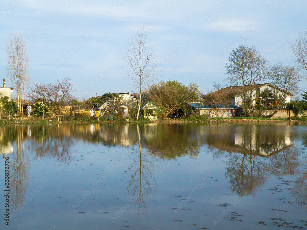 Obraz premium the houses near a lake with a green background. the blue reflected in the lake.