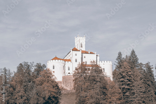 Fantasy king's castle on mountain top kings and queens kingdom fortress in forest photo