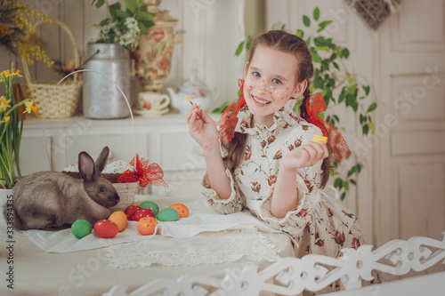 Little girl, Easter Bunny, Easter, painted eggs