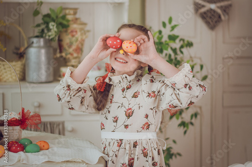 Little girl, Easter Bunny, Easter, painted eggs