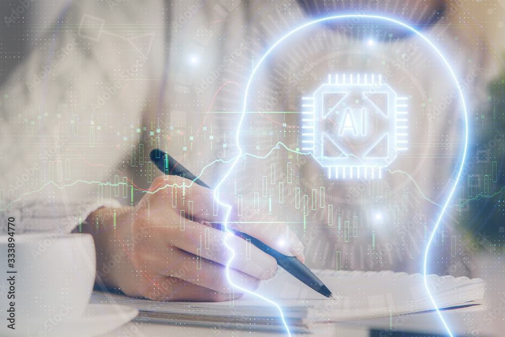 Multi exposure of writing hand on background with brain hologram. Concept of learning. Multi exposure of writing hand on background with brain hologram. Concept of learning.