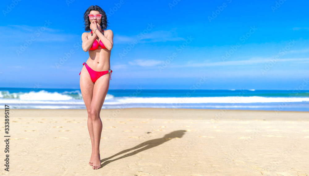 Woman swimsuit on beach.