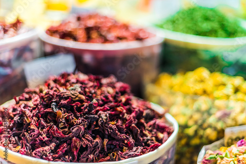 Spices and herbs on the arab street market stall © monticellllo