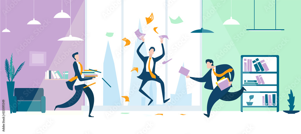 Happy business people celebrating success. People running and jumping, trouping papers and documents up in the air. Business concept illustration 
