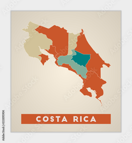 Costa Rica poster. Map of the country with colorful regions. Shape of Costa Rica with country name. Trendy vector illustration.