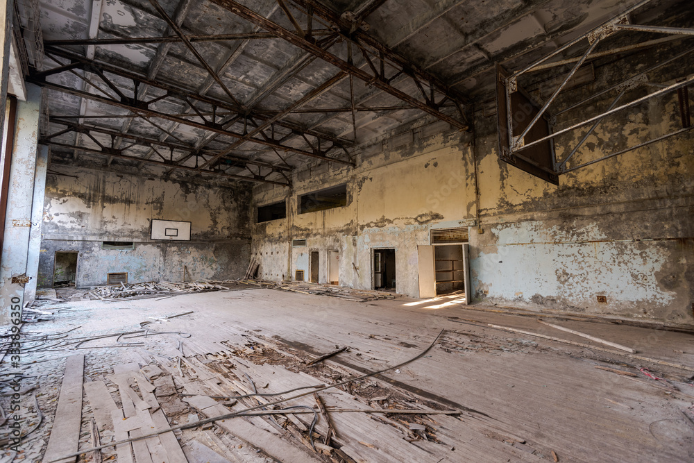 Abandoned gymnasium in school in Pripyat near Chernobyl in Ukraine