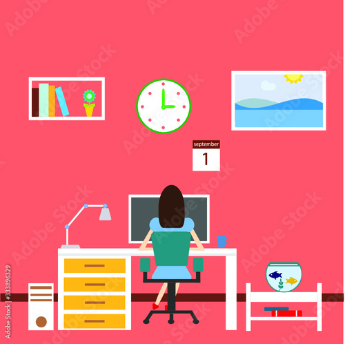 Flat design vector illustration. Woman working on computer.