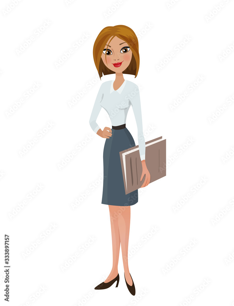 Pretty young business woman in suit - white shirt with gray skirt, standing and holding in a hand documents folder case isolated on white background. Character design cartoon lady, vector illustration Pretty young business woman in suit - white shirt with gray skirt, standing and holding in a hand documents folder case isolated on white background. Character design cartoon lady, vector illustration