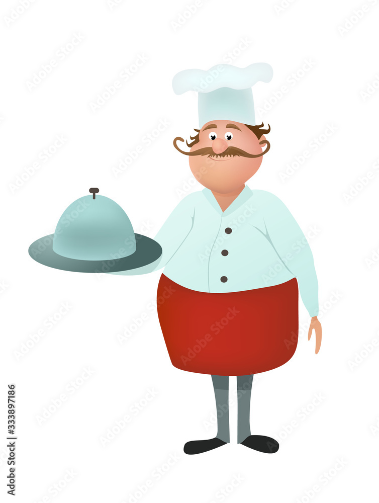 Cute chef with mustache in a hat with delicious dish on the plate. Cook vector illustration Cute chef with mustache in a hat with delicious dish on the plate. Cook vector illustration