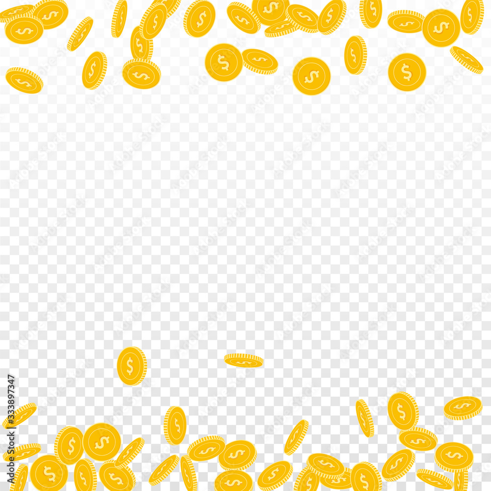American dollar coins falling. Scattered small USD American dollar coins falling. Scattered small USD