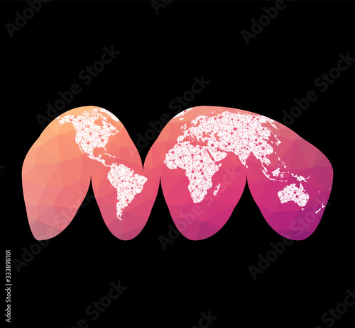 World network map. Goode's interrupted homolosine projection. Wired globe in Interrupted Homolosine projection on geometric low poly background. Captivating vector illustration. photo