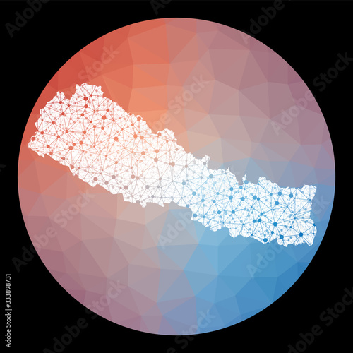 Vector network Nepal map. Map of the country with low poly background. Rounded Nepal illustration in technology, internet, network, telecommunication concept style. Creative vector illustration.