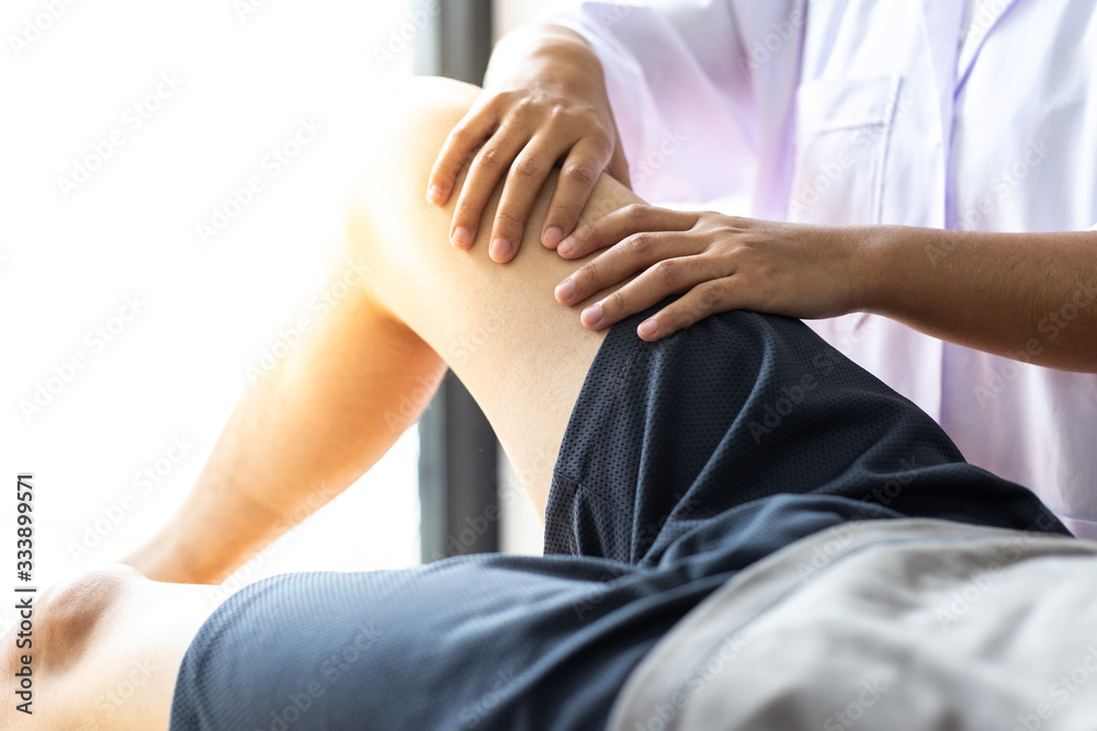 Fototapeta premium Professional therapists are stretching muscles, patients with abnormal muscular symptoms, physical rehabilitation therapies and treatment of physiological disorders by physiotherapists concept.