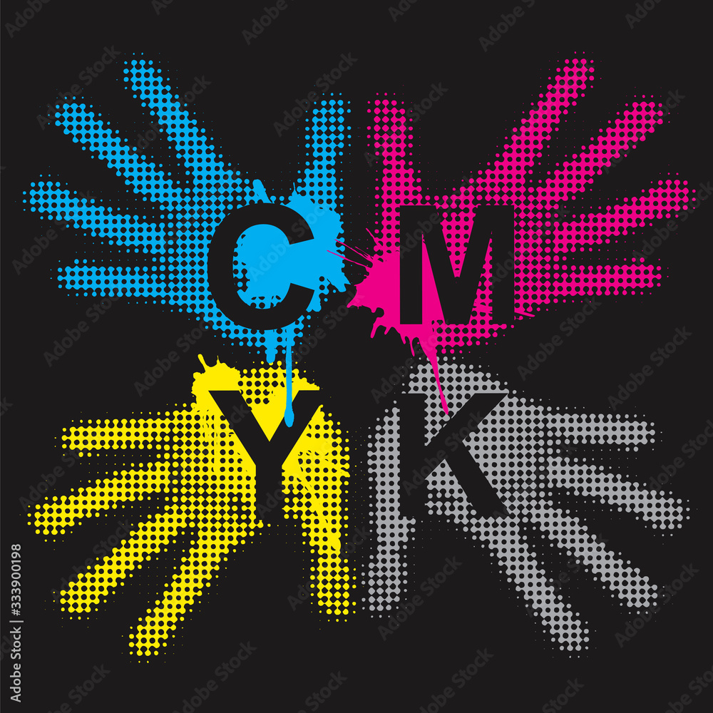 CMYK print colors background with handprints. CMYK cyan magenta yellow ...