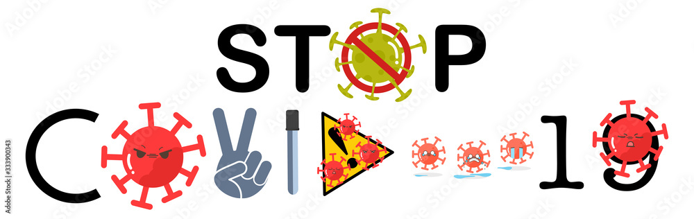 Vector banner of fight covid-19 stop corona virus. Emotional face, waring sing yellow black and science tube with fighting hand sign or v victory, cute kawaii cartoon Vector banner of fight covid-19 stop corona virus. Emotional face, waring sing yellow black and science tube with fighting hand sign or v victory, cute kawaii cartoon
