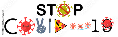 Vector banner of fight covid-19 stop corona virus. Emotional face, waring sing yellow black and science tube with fighting hand sign or v victory, cute kawaii cartoon 