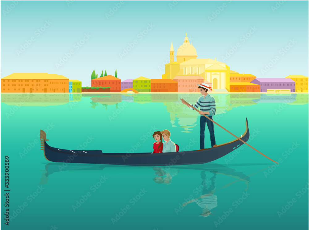 Obraz premium Gondolier in a gondola boat with a couple in love in a beautiful and romantic city Venice, Italy. Vector design illustration Venezia colorful landscape, italian street seafront silhouette, canal.