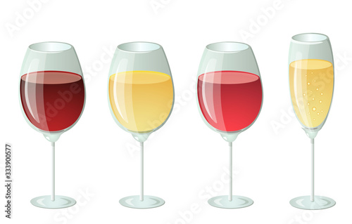 Set of wines - red, white, pink and champagne. Vector design illustration, isolated on a white background