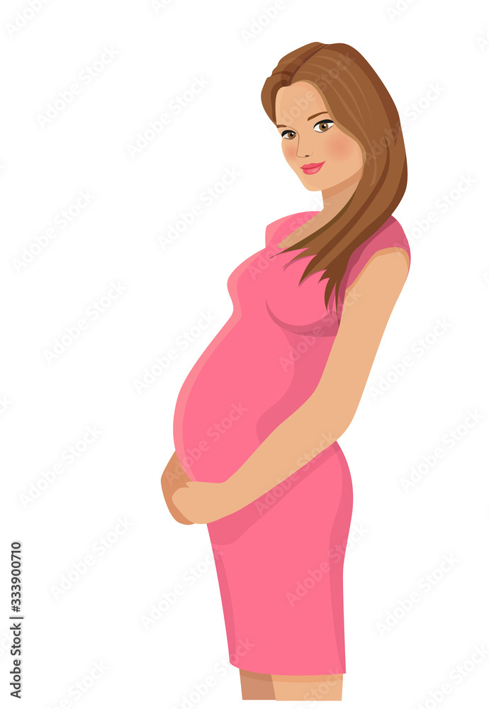 Beautiful young pregnant woman in pretty pink dress expecting a baby. Vector character design illustration, isolated on a white background Beautiful young pregnant woman in pretty pink dress expecting a baby. Vector character design illustration, isolated on a white background