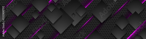 Futuristic technology background with black squares and neon purple light. Vector banner design