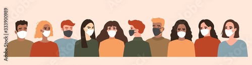 Coronavirus, covid-19. People in white and black face mask. Vector banner illustration.