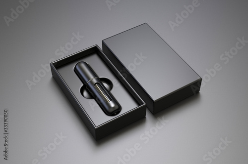 Blank Refillable Aluminum Atomizer With Hard Paper Box Packaging For Branding, 3d render illustration.