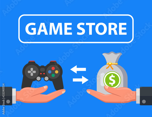 game store selling console for money. flat vector illustration.