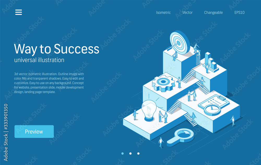Way to success. Business people teamwork process. Modern isometric line illustration. Idea research, strategy plan, marketing, target goals icon. 3d vector background. Growth step infographic concept.