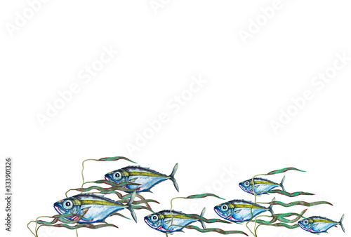 Bild auf Leinwand Illustration of big-eyed blue-pink fish flock in fresh streaming water with kale algae