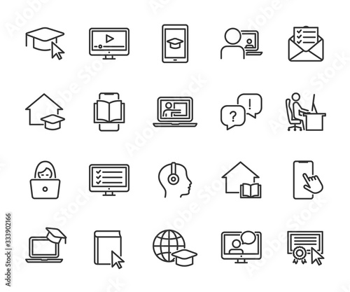 Vector set of online education line icons. Contains icons remote learning, video lesson, online course, homework, online test, webinar, audio course and more. Pixel perfect. photo