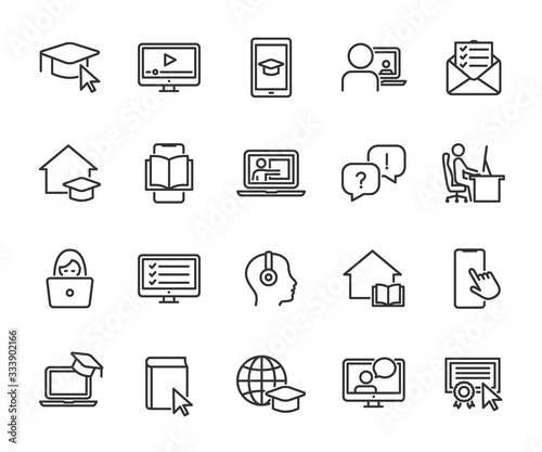 Vector set of online education line icons. Contains icons remote learning, video lesson, online course, homework, online test, webinar, audio course and more. Pixel perfect.