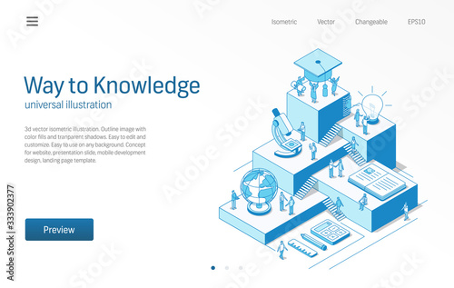 Way to Knowledge. Learning students teamwork. Education system modern isometric line illustration. University courses, school class, book icons. 3d vector background. Growth step infographic concept.
