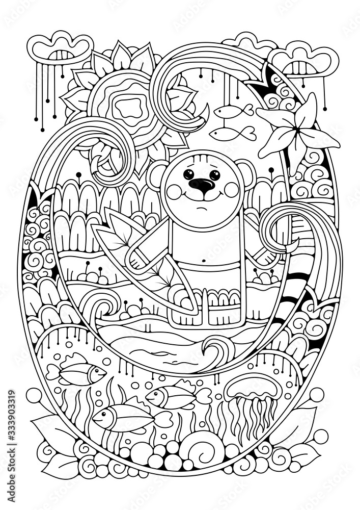 Coloring page for children and adults. The illustration shows a cute bear - surfer with a surfboard. This picture can be used as a print on fabric or tattoo.