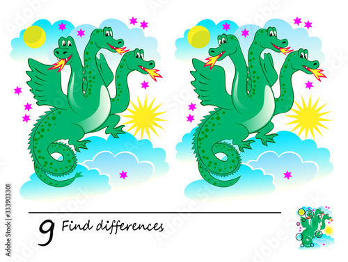 Find 9 differences. Logic puzzle game for children and adults. Printable page for kids brain teaser book. Illustration of cute fairy tale dragon. Developing counting skills. IQ training test.