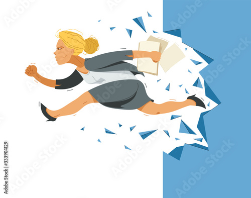 Businesswoman break the wall vector concept of business success and challenge, problems solving brave and strong woman employee worker.