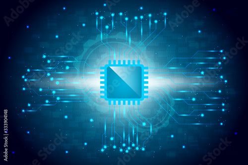 Abstract technology background vector with glowing computer chip ,shiny circuit pattern and binary code texture