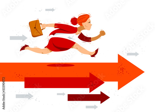 Business woman run and hurry on arrows symbolizes career competition motivation vector illustration, funny comic cute cartoon businesswoman worker or employee in a rush to success.