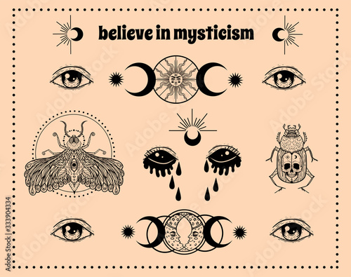 Vector witch and Magic Collection with: eyes, moon, sun, moth, scarab, skull. set of mystical tattoos