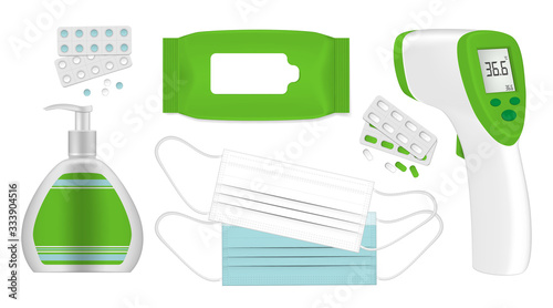 Virus and bacteria protection prevention hygiene set. Face masks, vitamins, medicines, antibacterial liquid soap, wet wipes, body infrared thermometer. Realistic vector illustration