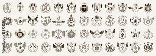 Classic style emblems big set, ancient heraldic symbols awards and labels collection, classical heraldry design elements, family or business emblems.