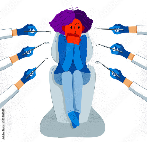 Dentophobia fear of dentist doctor and painful teeth fixing vector illustration, girl surrounded with dentist hands in gloves with dental tools scared in panic attack.