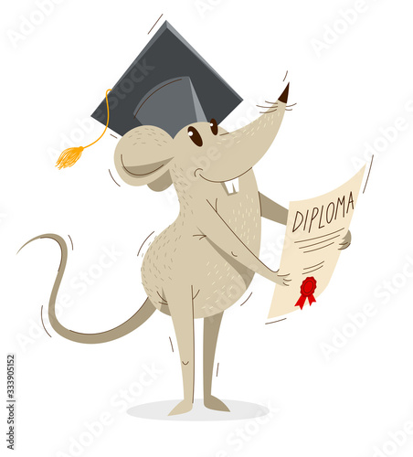 Funny cartoon mouse in a student hat with diploma graduation from university vector illustration, education concept, humorous rat drawing.