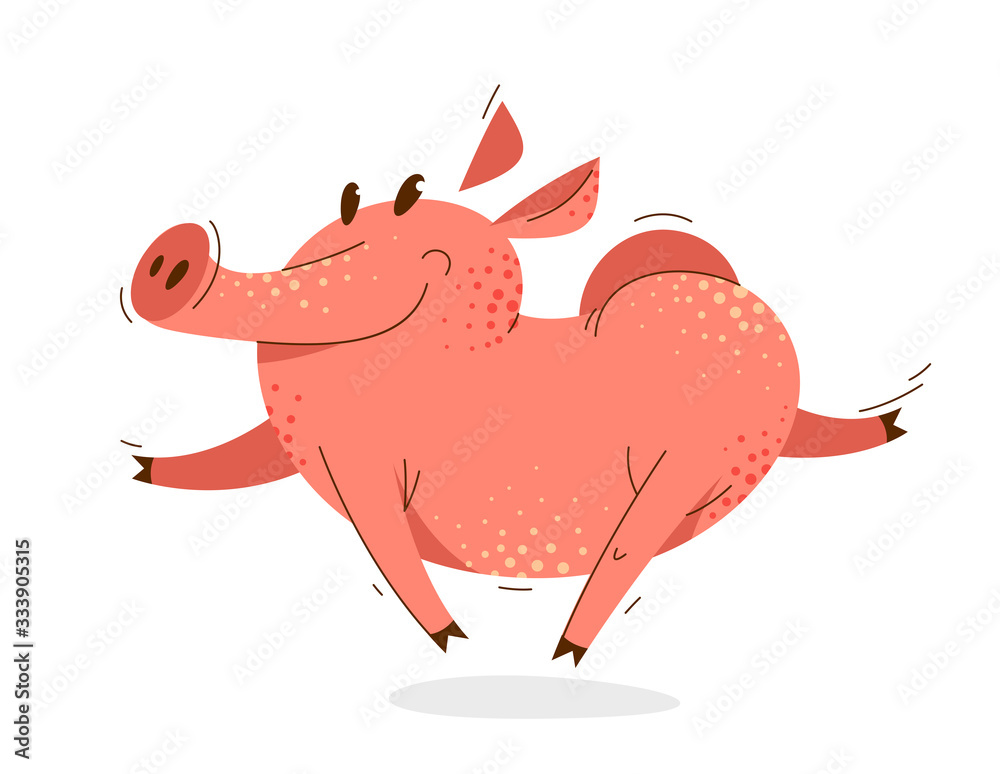 Funny cartoon pig runs happy and hilarious vector illustration, activity happy enjoying animal swine character drawing. Funny cartoon pig runs happy and hilarious vector illustration, activity happy enjoying animal swine character drawing.
