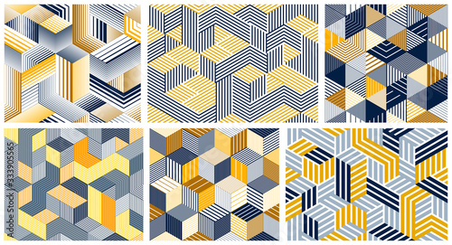 Seamless isometric lines geometric patterns set, 3D cubes vector tiling backgrounds, architecture and construction, wallpaper designs.