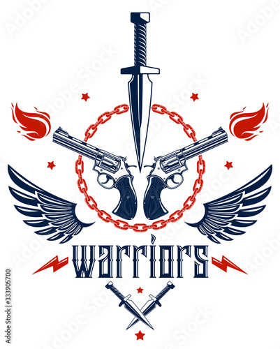 Dagger knife and other weapons  vector emblem of Revolution and War, tattoo with lots of design elements, anarchy and chaos concept, criminal and gangster style, social tension theme.