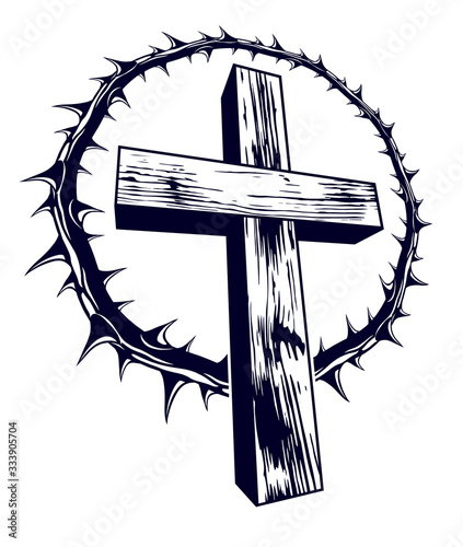 Christian cross with blackthorn thorn vector religion logo or tattoo, passion of the Christ.