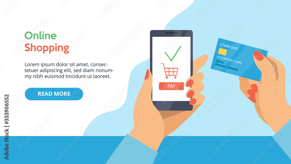 Concept Of Online Payment. Website Landing Page. Woman s Hand Is Holding Credit Card. Customer Is Paying For Purchases Online By Credit Card And Smartphone. Web Page Cartoon Flat Vector Illustration
